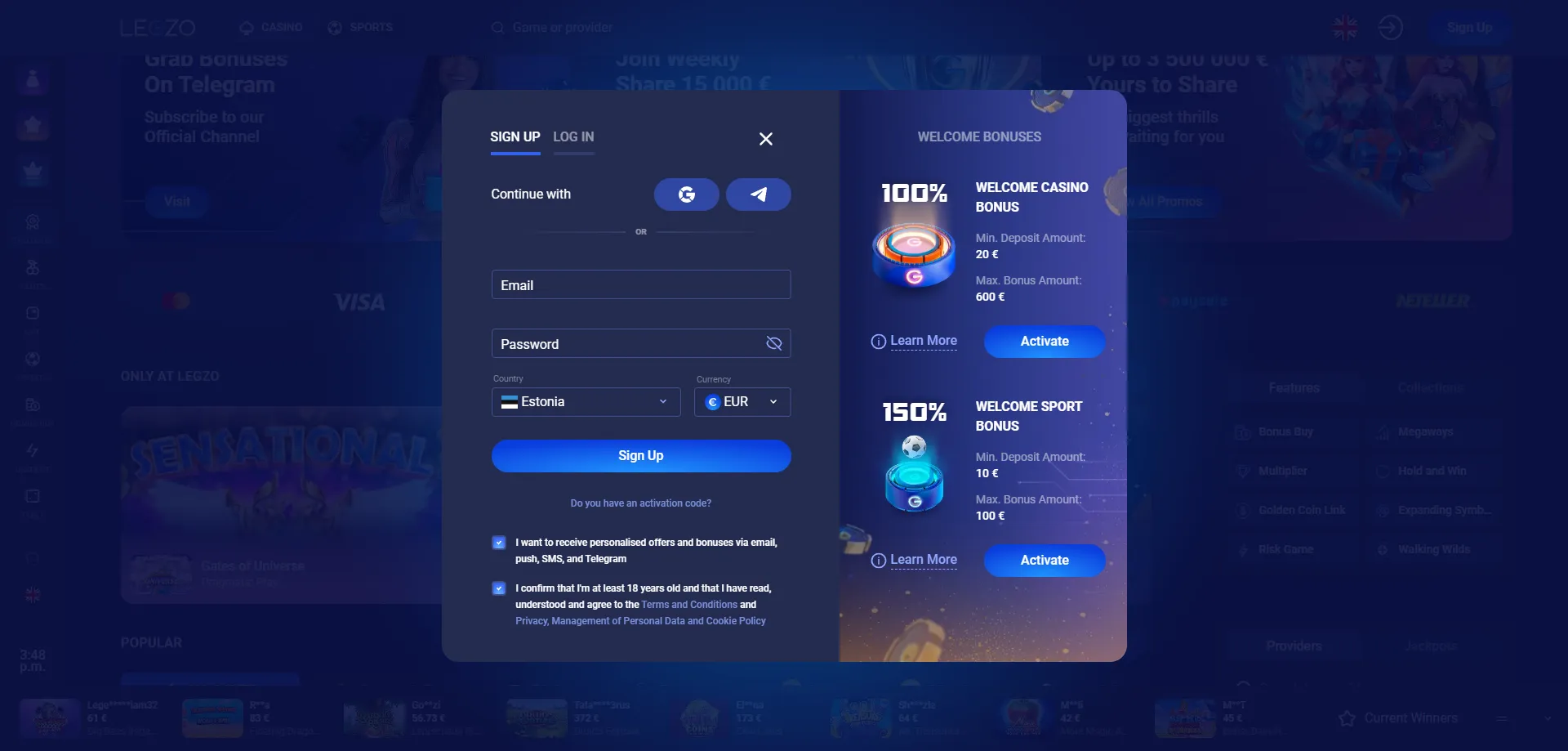 Legzo Casino registreerumine &ndash; konto loomine sammhaaval