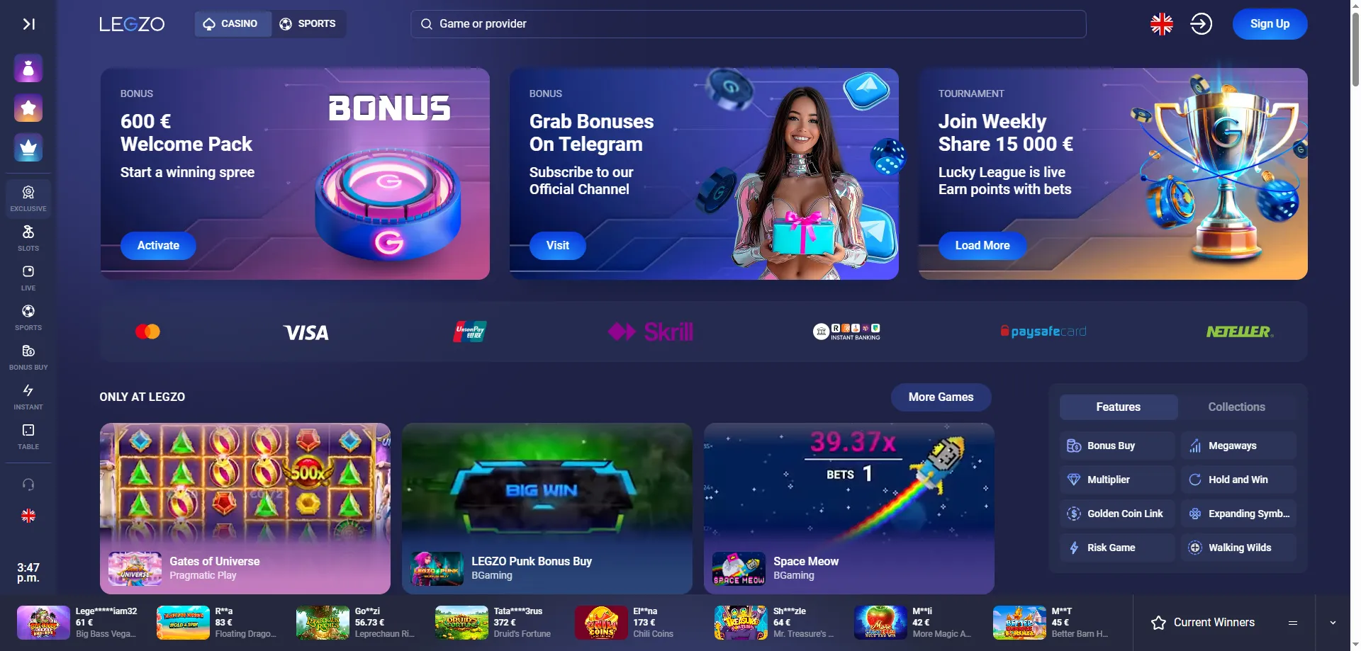 Legzo Casino avaleht &ndash; &uuml;levaade m&auml;nguvaliku ja boonuste kohta